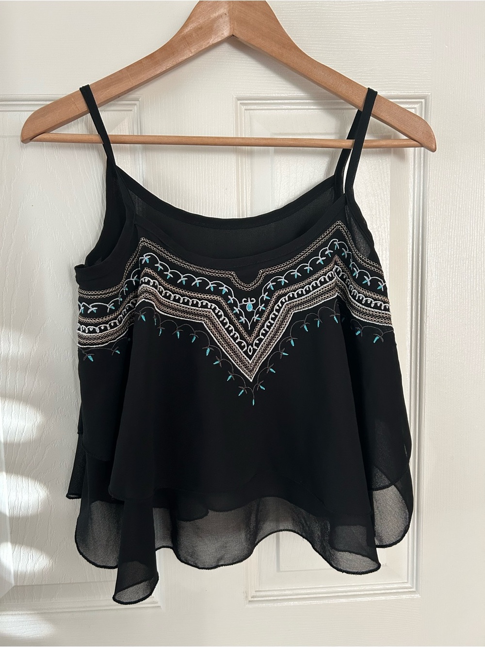 Black Embroidered Boho Sheer Flowy Layered Blouse with Adjustable Straps Size S